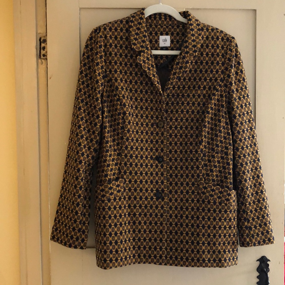 Cabi jacquard jacket mustard and navy pattern.